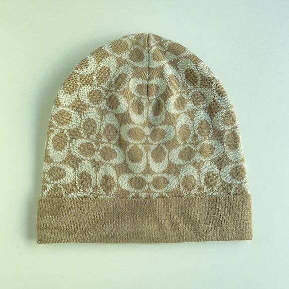 Coach Monogram Beanie Hat Toque Merino Wool Blend Metallic Camel Cream F56123 - Picture 1 of 7